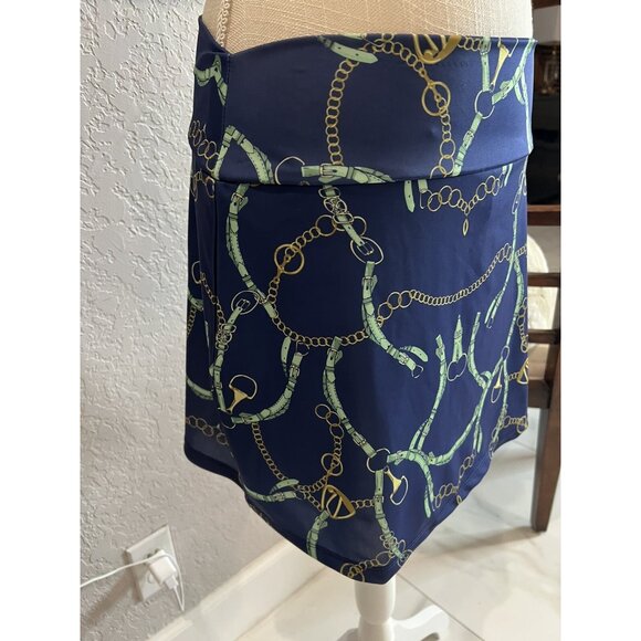 Tina + Jenna Chain Print Blue Stretchy Mini Skirt Gold & Green Accents Size L - Picture 4 of 6